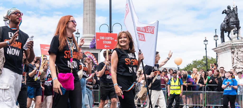 Elton John AIDS Foundation CEO, Anne Aslett marches at London Pride.